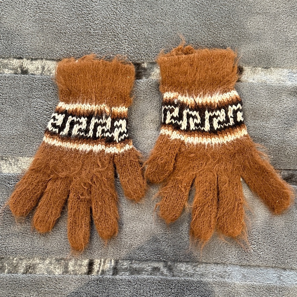 Fluffy Cozy Bolivian 100% Alpaca Gloves M Brown Cream South American Pattern 🦙